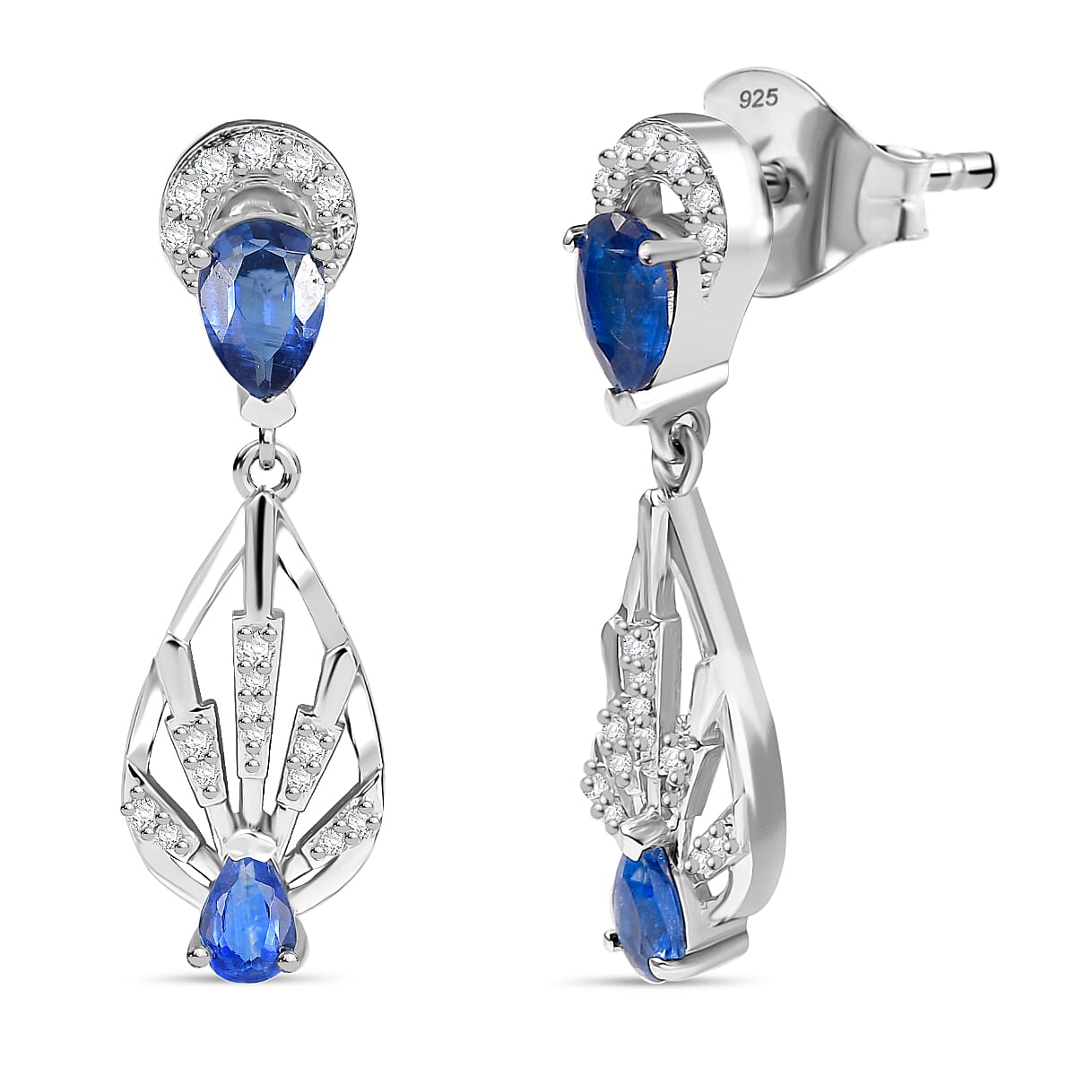 AAA Natural Kashmir Kyanite &amp; White Zircon Dangling Earring with Push Back in Rhodium Overlay Sterling Silver 2.05 Ct. 8083501 0