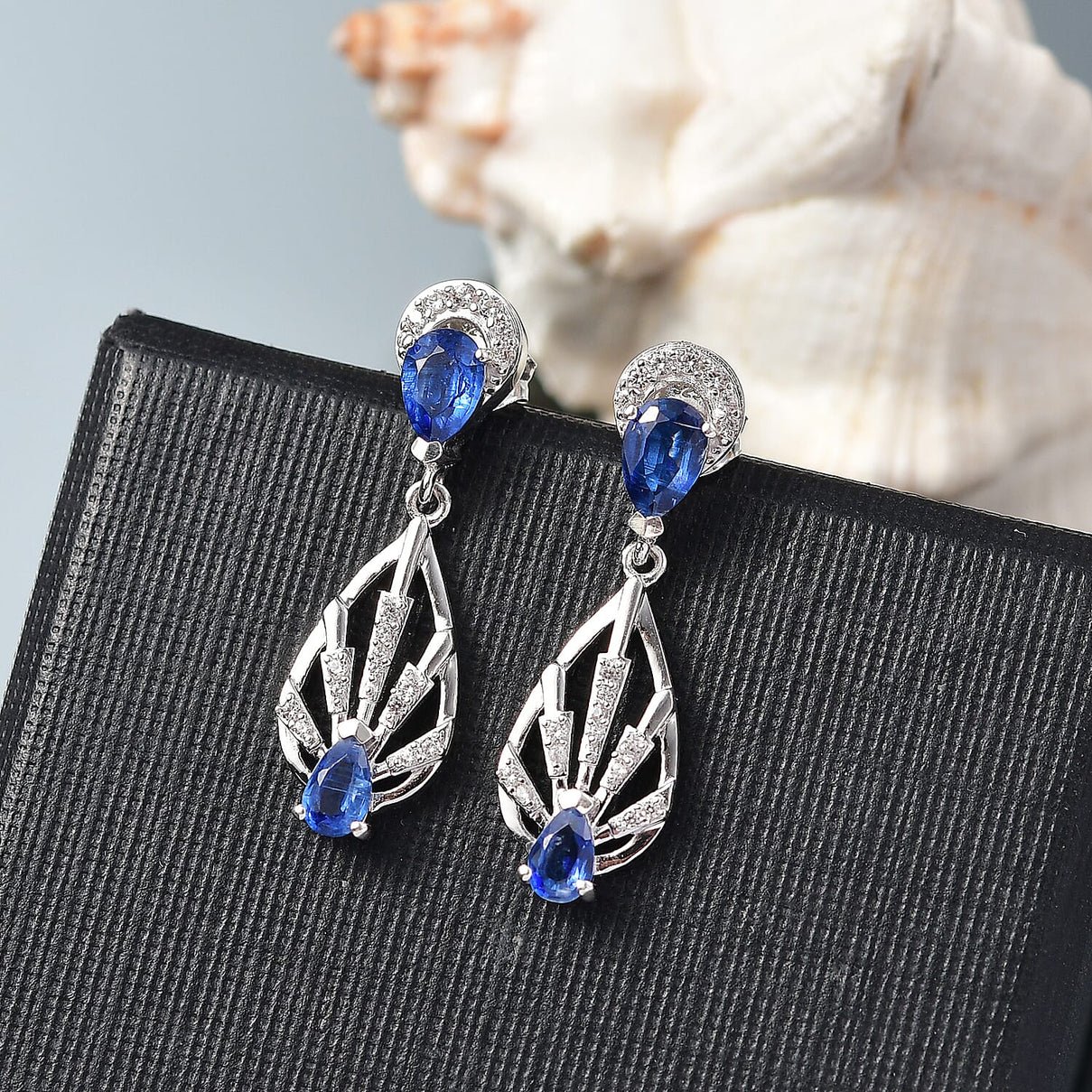 AAA Natural Kashmir Kyanite &amp; White Zircon Dangling Earring with Push Back in Rhodium Overlay Sterling Silver 2.05 Ct. 8083501 2