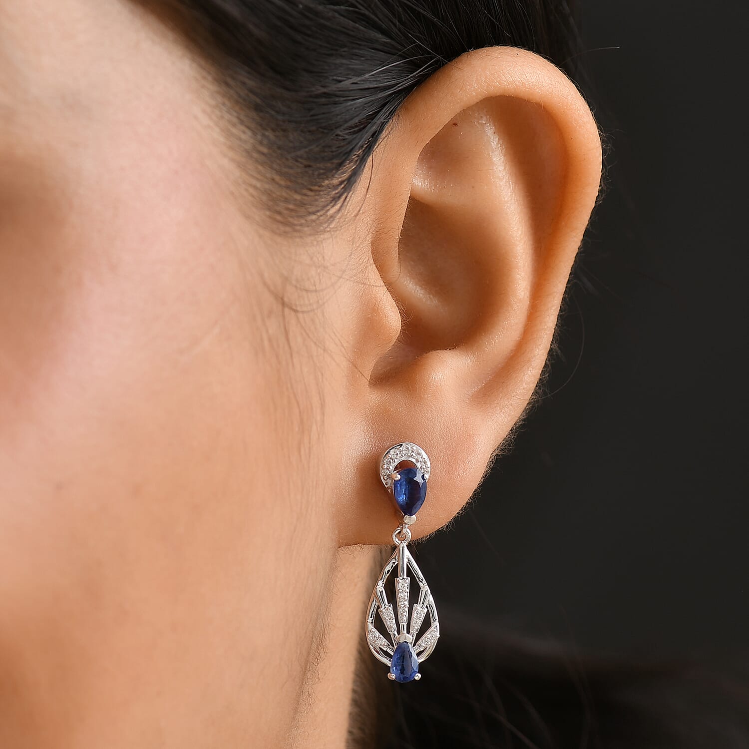 AAA Natural Kashmir Kyanite &amp; White Zircon Dangling Earring with Push Back in Rhodium Overlay Sterling Silver 2.05 Ct. 8083501 3