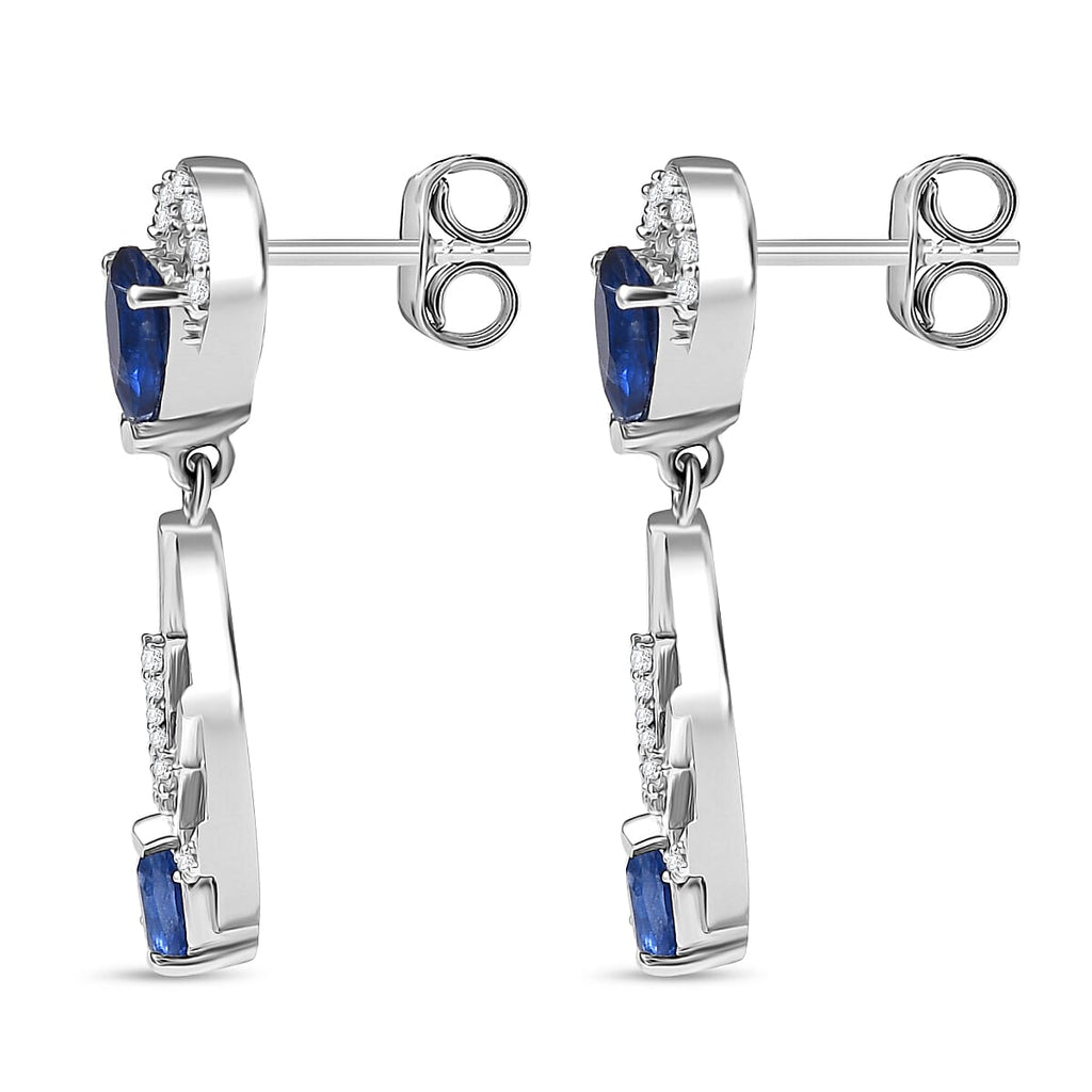 AAA Natural Kashmir Kyanite & White Zircon Dangling Earring with Push Back in Rhodium Overlay Sterling Silver 2.05 Ct.