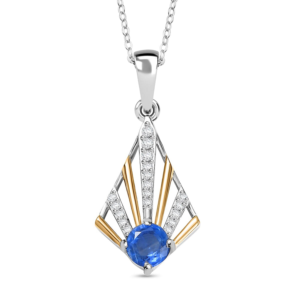 AAA Natural Kashmir Kyanite & White Zircon Pendant with Chain (Size 20) in 18K Vermeil Yellow Gold Plated & Rhodium Overlay Sterling Silver