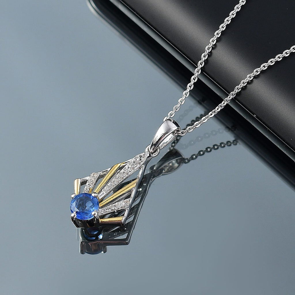 AAA Natural Kashmir Kyanite & White Zircon Pendant with Chain (Size 20) in 18K Vermeil Yellow Gold Plated & Rhodium Overlay Sterling Silver