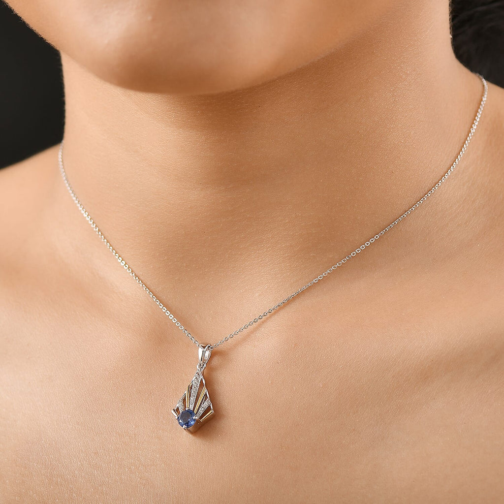 AAA Natural Kashmir Kyanite & White Zircon Pendant with Chain (Size 20) in 18K Vermeil Yellow Gold Plated & Rhodium Overlay Sterling Silver