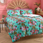 3 Piece Set - Kate Merritt Lotus Leaf Cotton Duvet Cover with 2 Pillow Covers (Size Double, 200x200 cm) - Turquoise and Multi