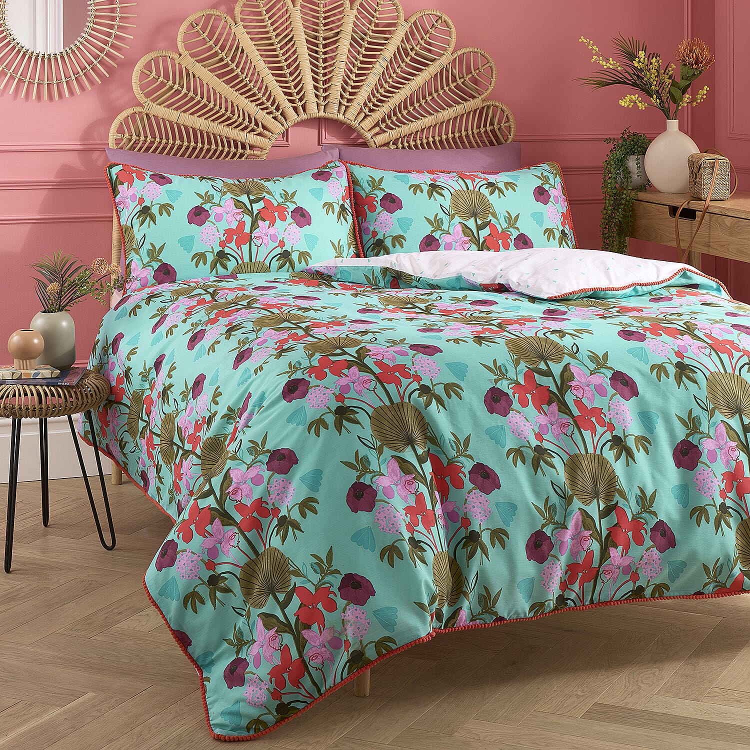 3 Piece Set - Kate Merritt Lotus Leaf Cotton Duvet Cover with 2 Pillow Covers (Size Double, 200x200 cm) - Turquoise and Multi 7213340 0