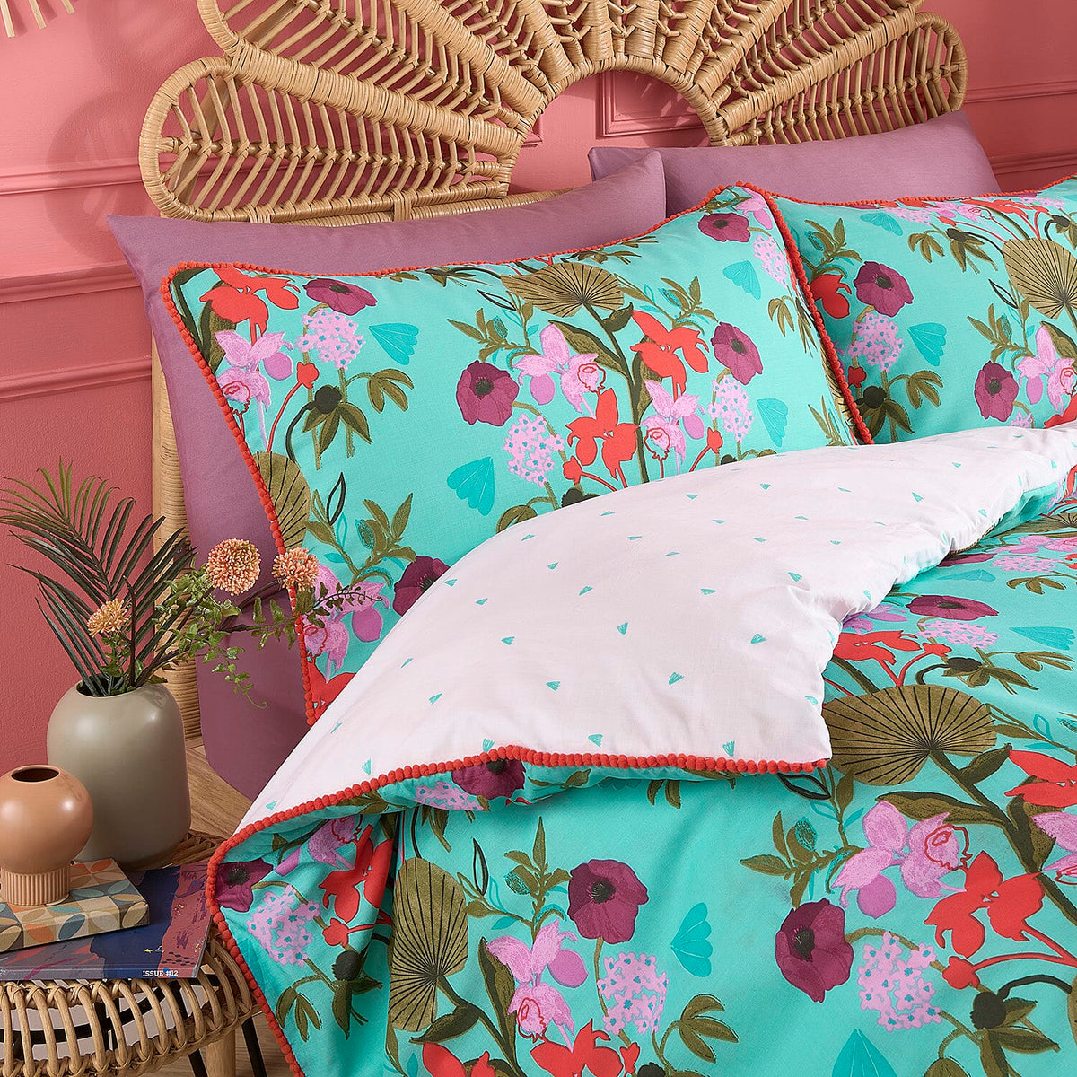 3 Piece Set - Kate Merritt Lotus Leaf Cotton Duvet Cover with 2 Pillow Covers (Size Double, 200x200 cm) - Turquoise and Multi 7213340 1
