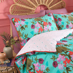 3 Piece Set - Kate Merritt Lotus Leaf Cotton Duvet Cover with 2 Pillow Covers (Size Double, 200x200 cm) - Turquoise and Multi