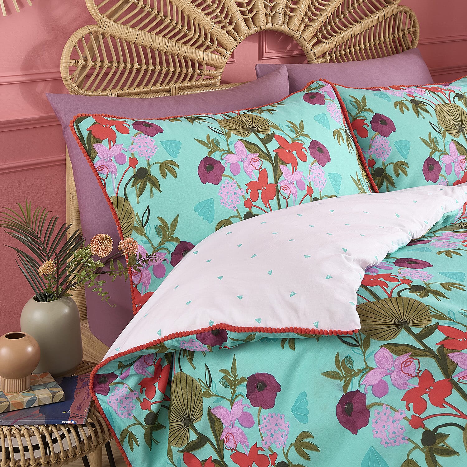 3 Piece Set - Kate Merritt Lotus Leaf Cotton Duvet Cover with 2 Pillow Covers (King Size, 230x220 cm) - Turquoise and Multi 7213339 1