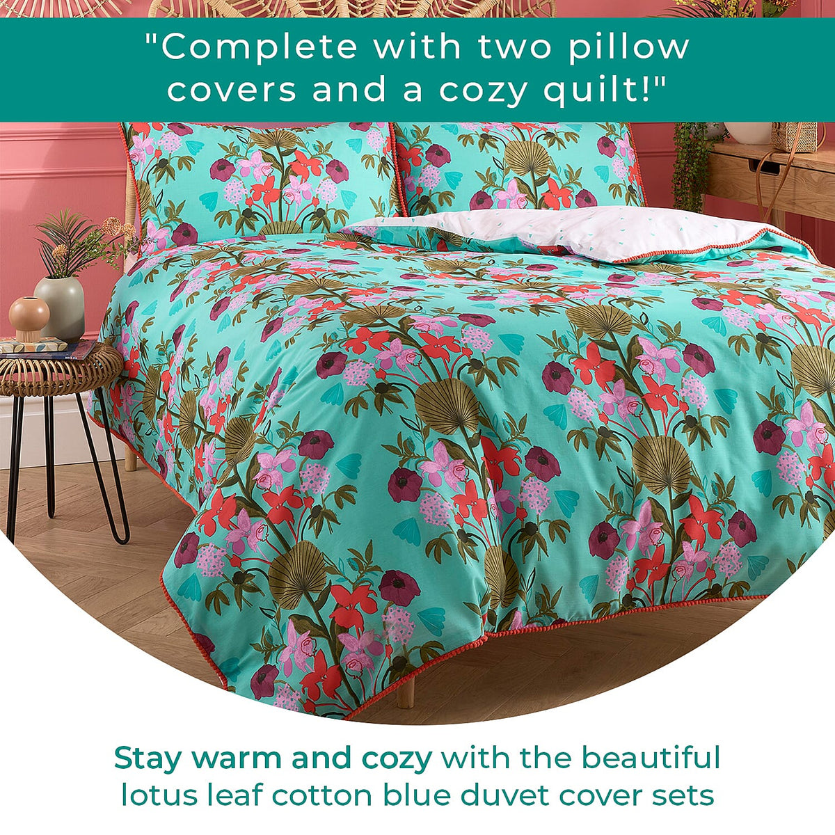 3 Piece Set - Kate Merritt Lotus Leaf Cotton Duvet Cover with 2 Pillow Covers (King Size, 230x220 cm) - Turquoise and Multi 7213339 2