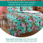 3 Piece Set - Kate Merritt Lotus Leaf Cotton Duvet Cover with 2 Pillow Covers (King Size, 230x220 cm) - Turquoise and Multi