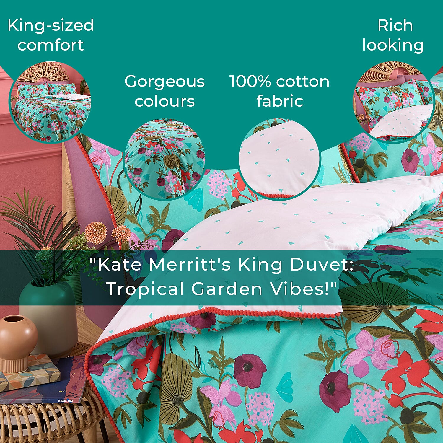 3 Piece Set - Kate Merritt Lotus Leaf Cotton Duvet Cover with 2 Pillow Covers (King Size, 230x220 cm) - Turquoise and Multi 7213339 3