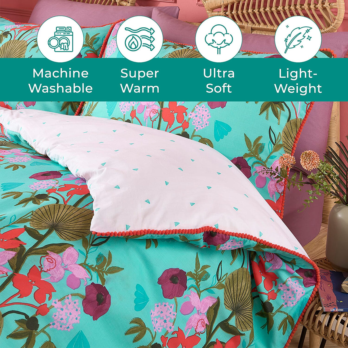 3 Piece Set - Kate Merritt Lotus Leaf Cotton Duvet Cover with 2 Pillow Covers (King Size, 230x220 cm) - Turquoise and Multi 7213339 4