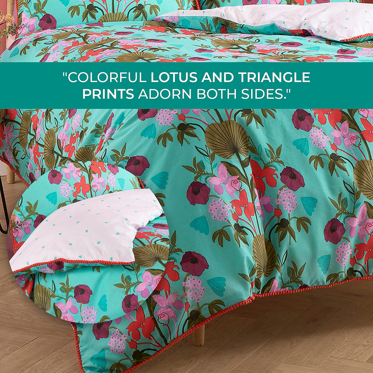 3 Piece Set - Kate Merritt Lotus Leaf Cotton Duvet Cover with 2 Pillow Covers (King Size, 230x220 cm) - Turquoise and Multi 7213339 5