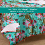 3 Piece Set - Kate Merritt Lotus Leaf Cotton Duvet Cover with 2 Pillow Covers (King Size, 230x220 cm) - Turquoise and Multi