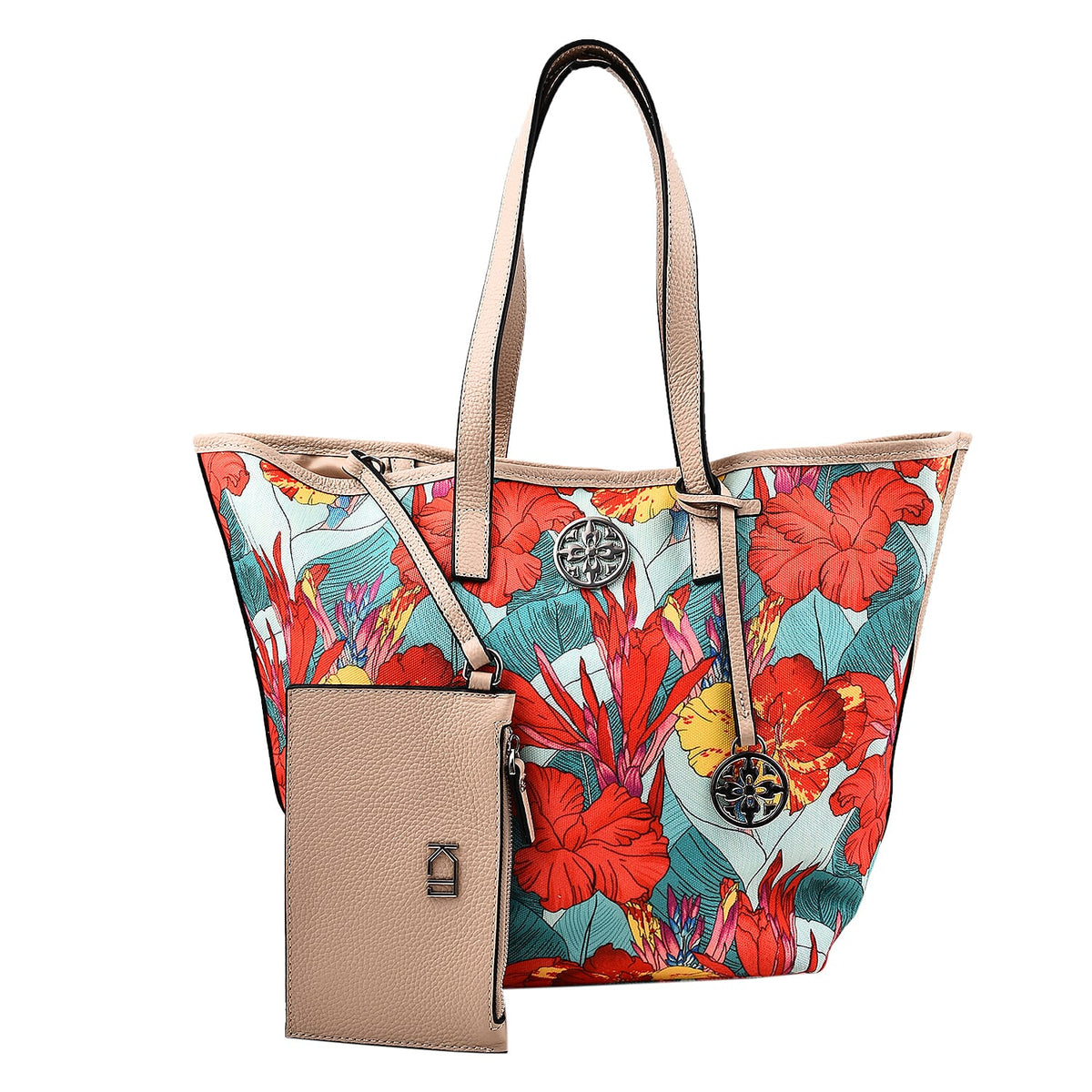 KTD by Kenzo Takada Leather and Cotton Canvas Floral Printed Tote Bag with Wristlet - Red and Blue V32719346 0