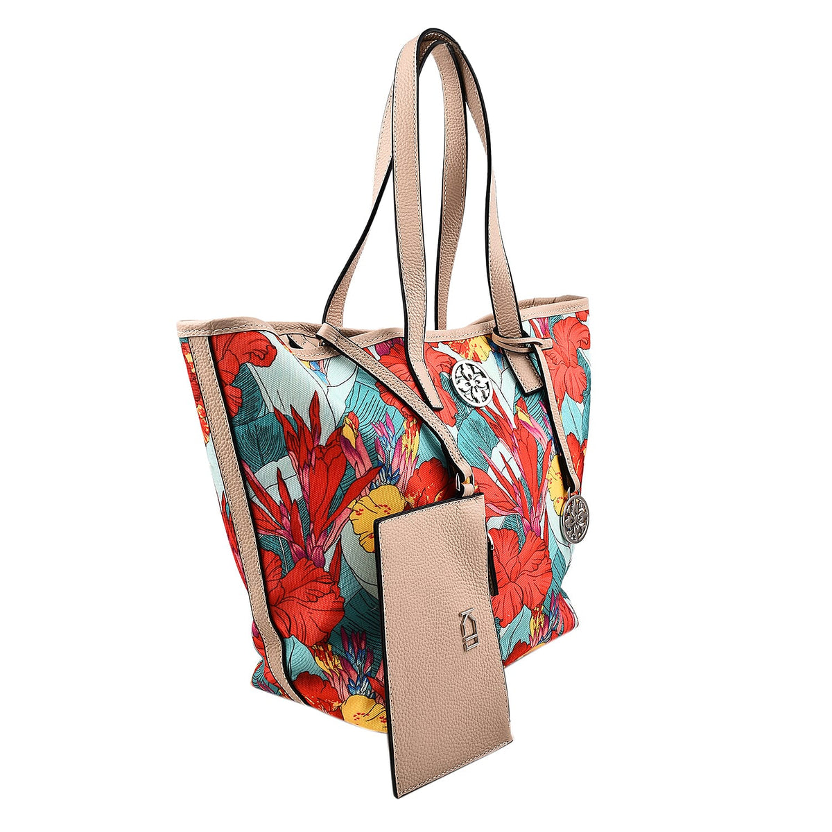 KTD by Kenzo Takada Leather and Cotton Canvas Floral Printed Tote Bag with Wristlet - Red and Blue V32719346 1