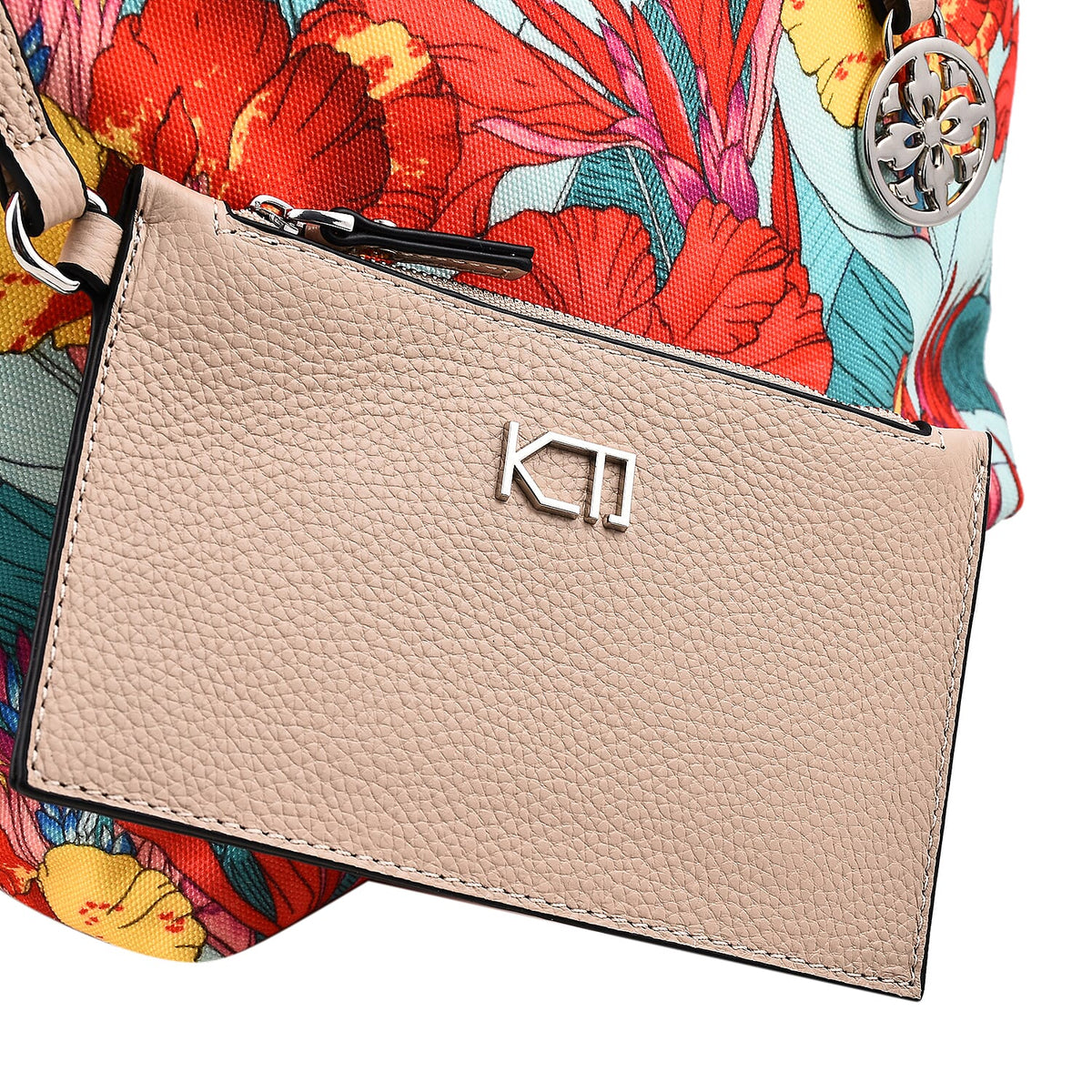 KTD by Kenzo Takada Leather and Cotton Canvas Floral Printed Tote Bag with Wristlet - Red and Blue V32719346 3