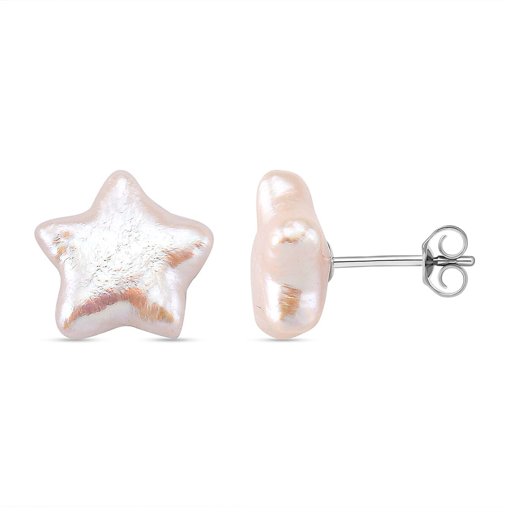Star Shape Keshi Pearl Stud Earring with Push Back in Rhodium Overlay Sterling Silver 6.00 Ct.