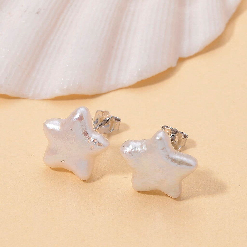 Star Shape Keshi Pearl Stud Earring with Push Back in Rhodium Overlay Sterling Silver 6.00 Ct.