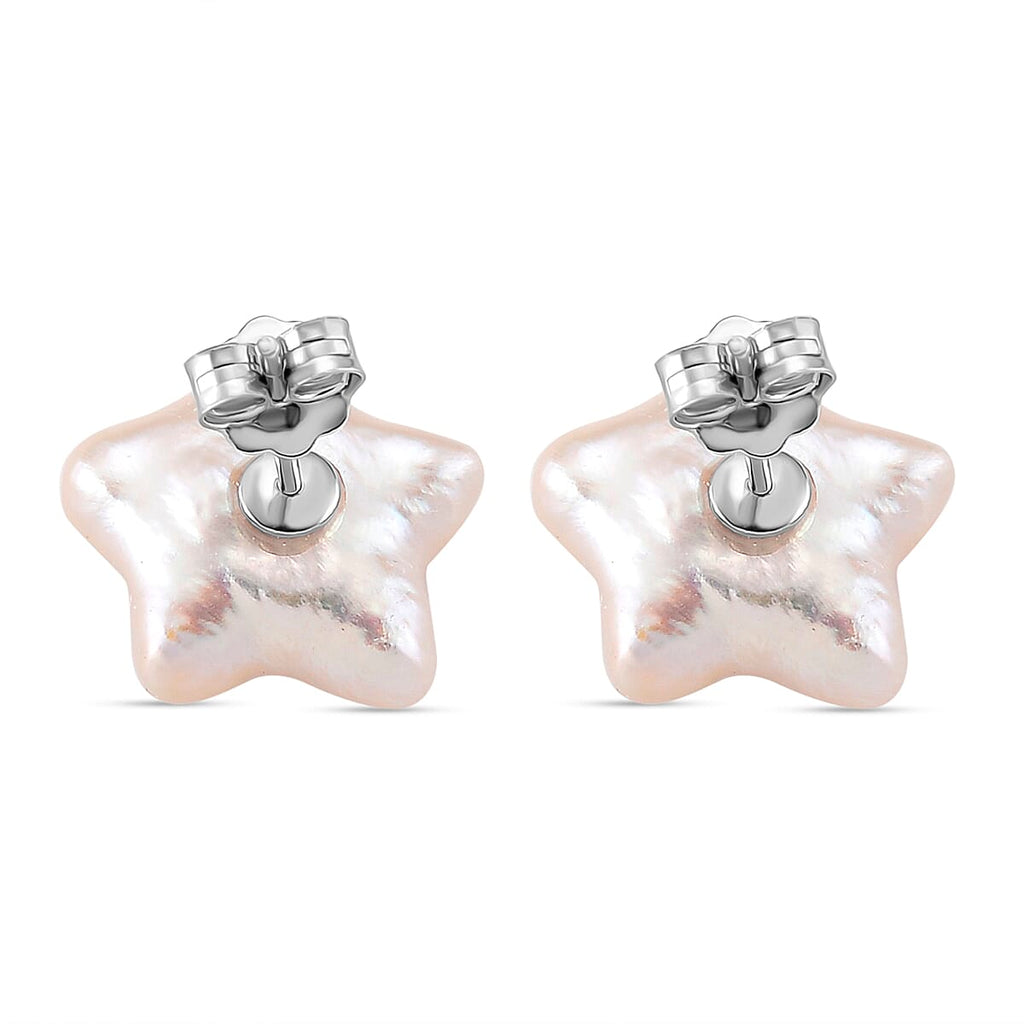 Star Shape Keshi Pearl Stud Earring with Push Back in Rhodium Overlay Sterling Silver 6.00 Ct.