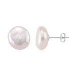 Keshi Pearl Coin Shape Stud Earring with Push Back in Rhodium Overlay Sterling Silver 6.00 Ct.