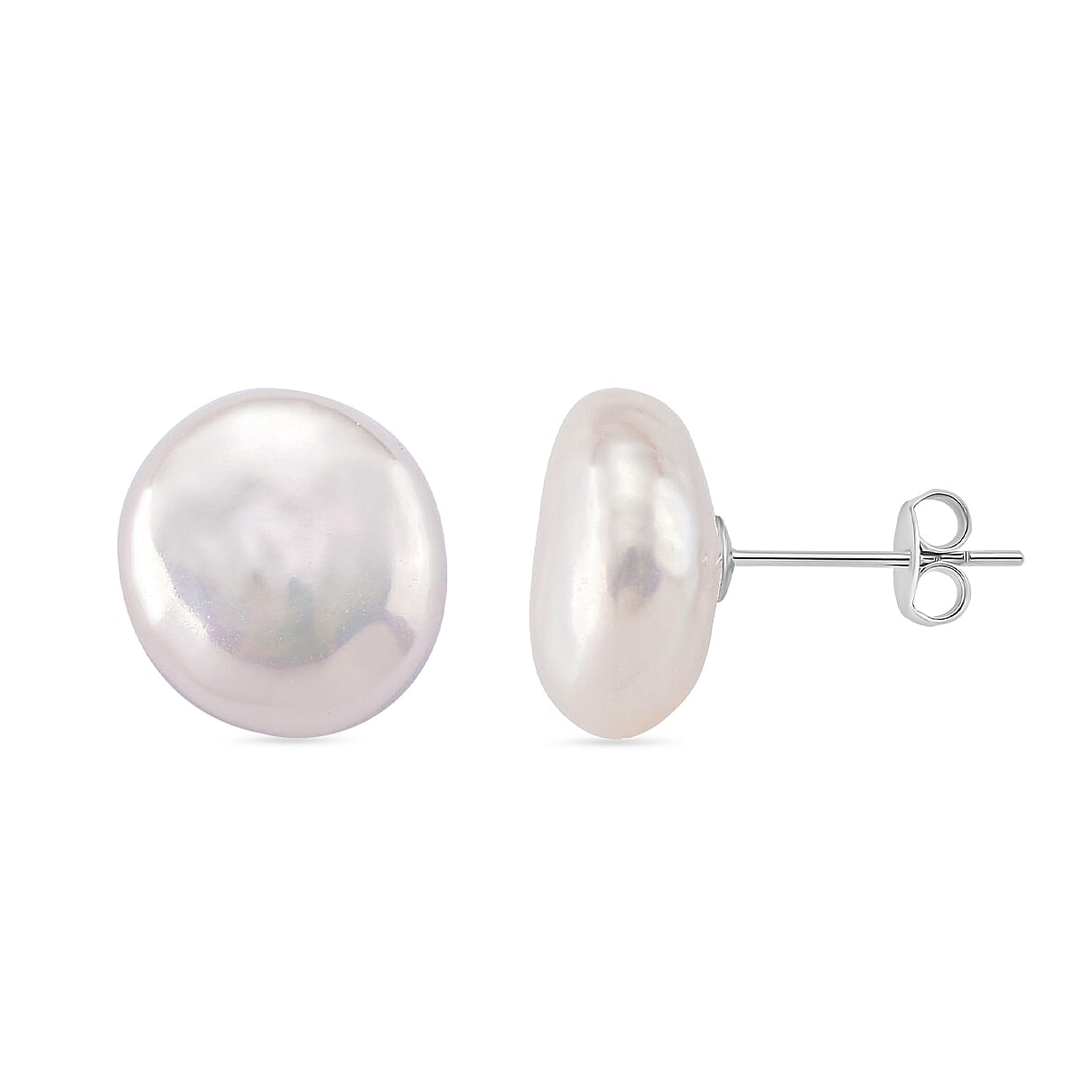 Keshi Pearl Coin Shape Stud Earring with Push Back in Rhodium Overlay Sterling Silver 6.00 Ct. V32639268 0