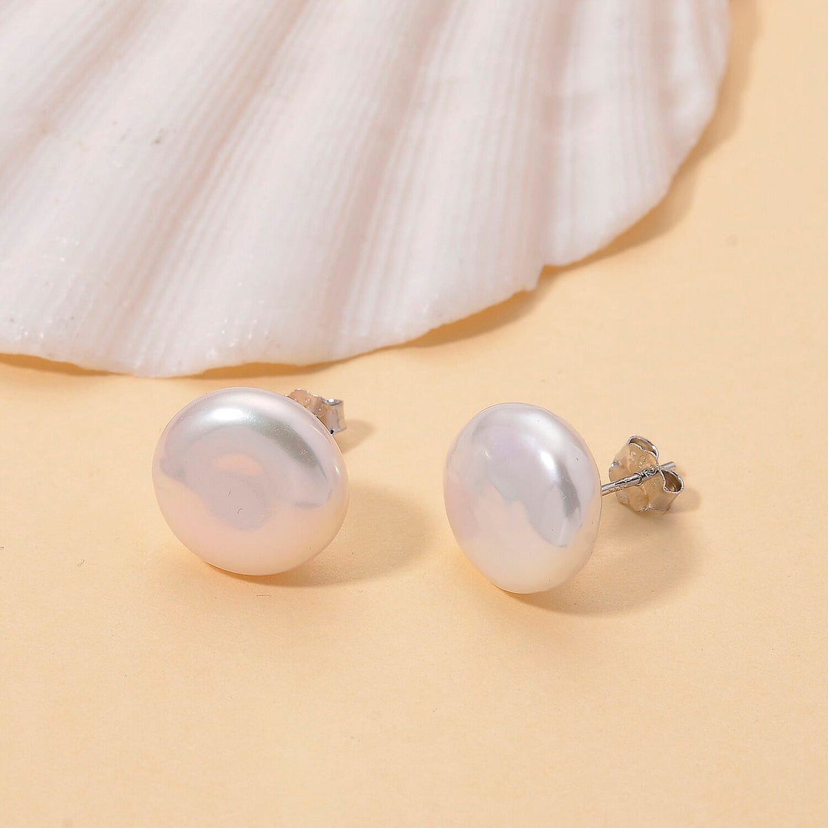 Keshi Pearl Coin Shape Stud Earring with Push Back in Rhodium Overlay Sterling Silver 6.00 Ct. V32639268 1