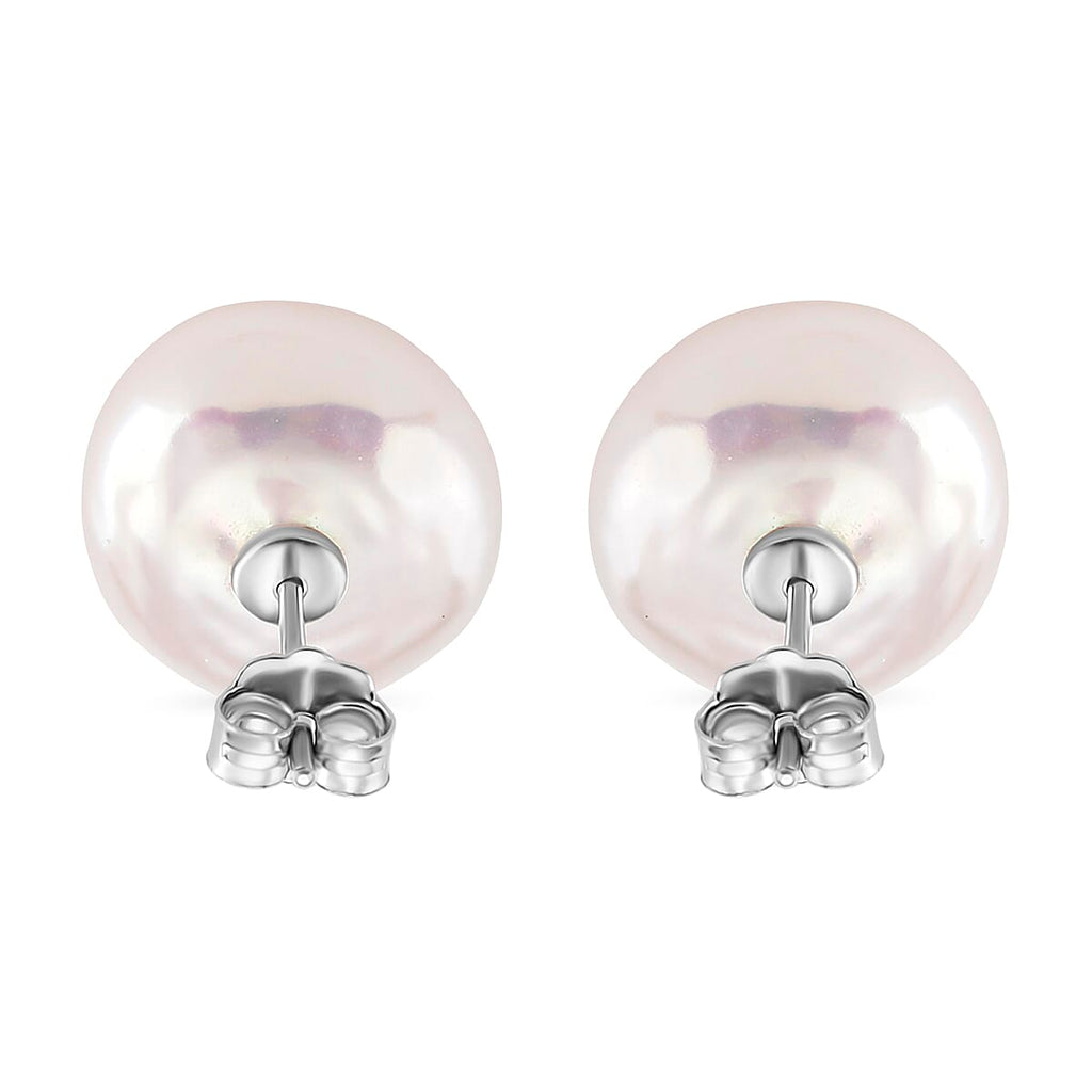 Keshi Pearl Coin Shape Stud Earring with Push Back in Rhodium Overlay Sterling Silver 6.00 Ct.
