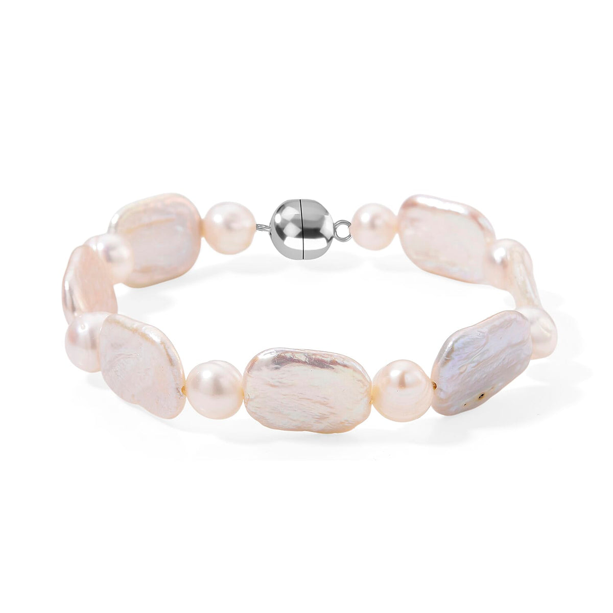 Keshi Pearl, White Fresh Water Pearl Bracelet (Size - 7.5) with Magnetic Clasp in Rhodium Overlay Sterling Silver 65.00 Ct. V32577974 0