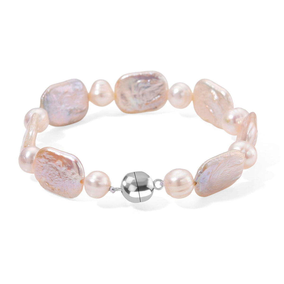 Keshi Pearl, White Fresh Water Pearl Bracelet (Size - 7.5) with Magnetic Clasp in Rhodium Overlay Sterling Silver 65.00 Ct. V32577974 3