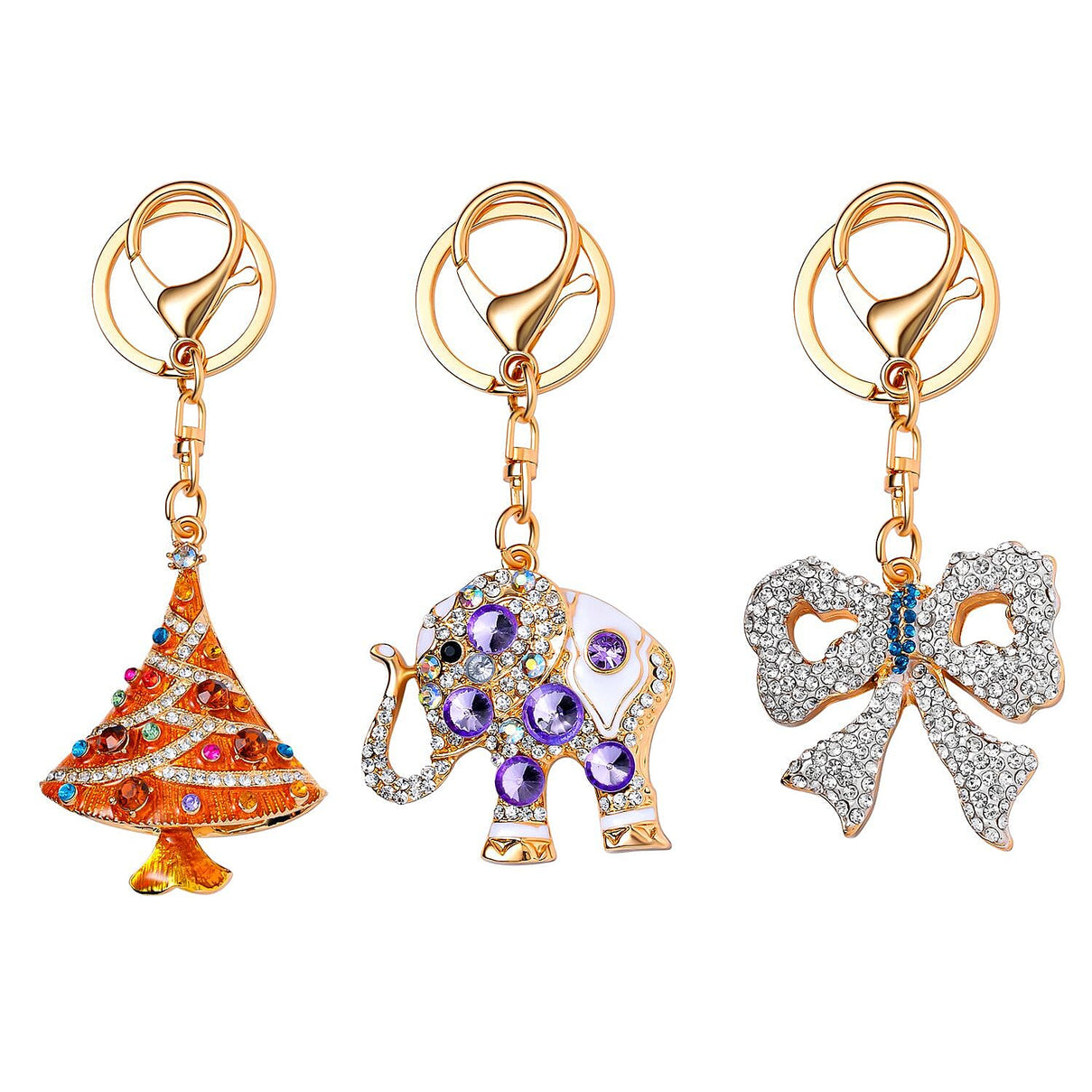 Set of 3 Sparkling Crystal Keychains With Different Designs (Bowknot, Christmas Tree, and Elephant) - Multi 7595554 0