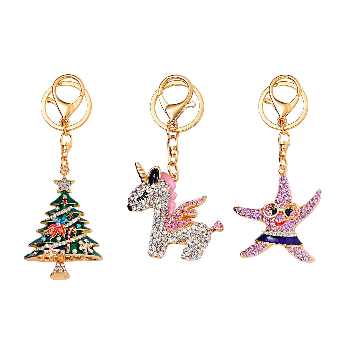 Value Bundle -  Set of 3 Sparkling Crystal Keychains With Different Designs (Unicorn, Christmas Tree, and Starfish) - Multi 7595561 0