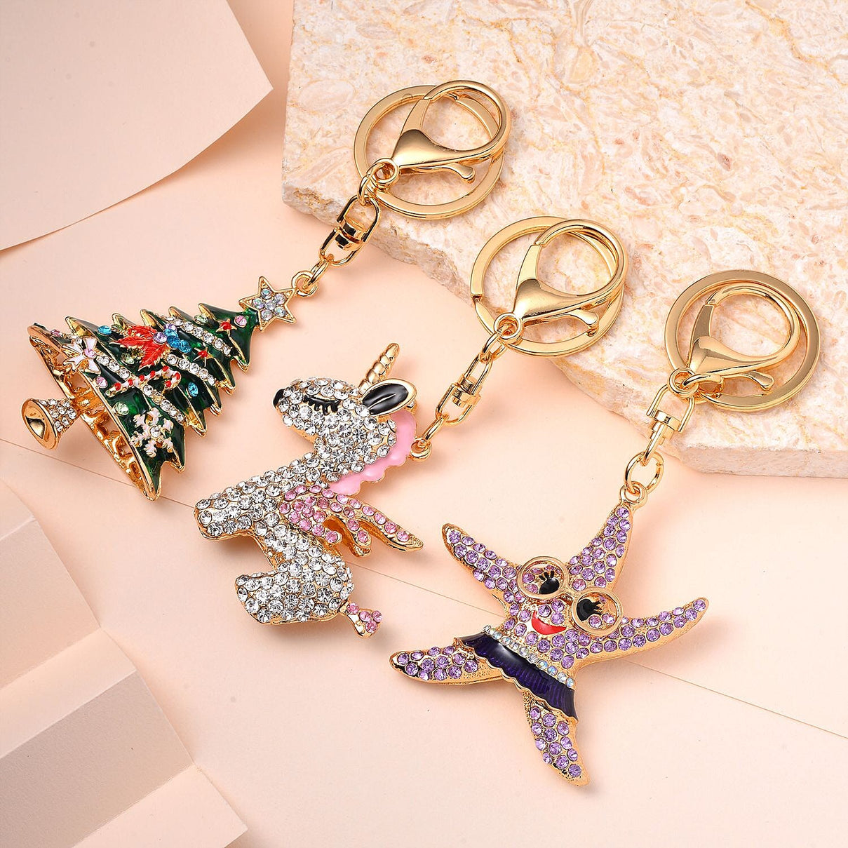 Value Bundle -  Set of 3 Sparkling Crystal Keychains With Different Designs (Unicorn, Christmas Tree, and Starfish) - Multi 7595561 1