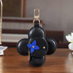 Genuine Leather Flower Keychain Bag Charm - Zipped Mini Coin Purse - Black