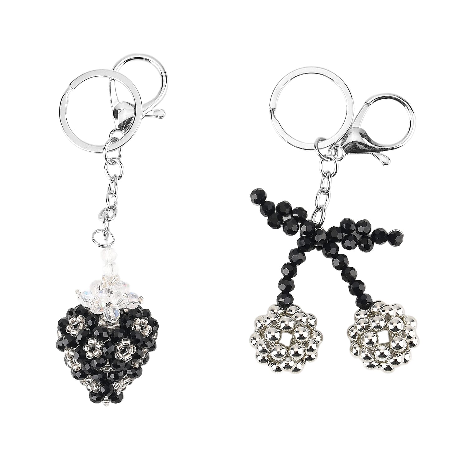 Set of 2 - Beaded Strawberry &amp; Cherry Design Key Chains (12cm) - Black &amp; Silver V32515730 0