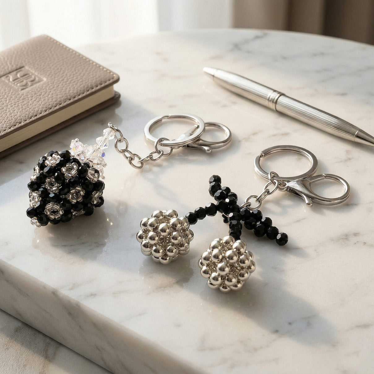 Set of 2 - Beaded Strawberry &amp; Cherry Design Key Chains (12cm) - Black &amp; Silver V32515730 2