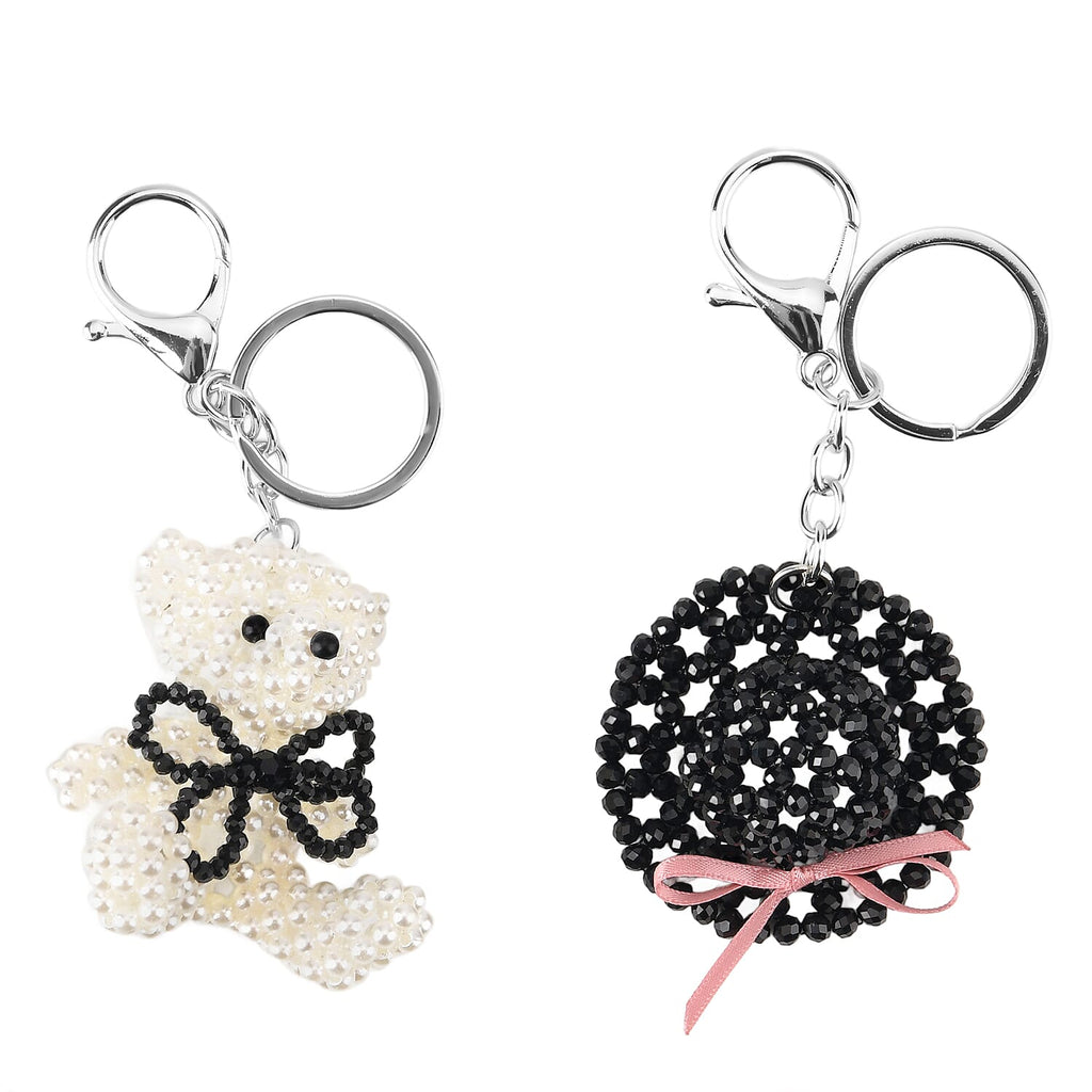Set of 2 - Beaded Hat & Bear Design Key Chains (12cm) - Black & White