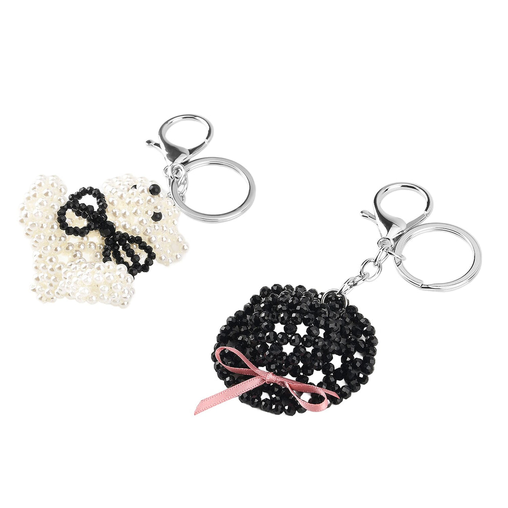 Set of 2 - Beaded Hat & Bear Design Key Chains (12cm) - Black & White