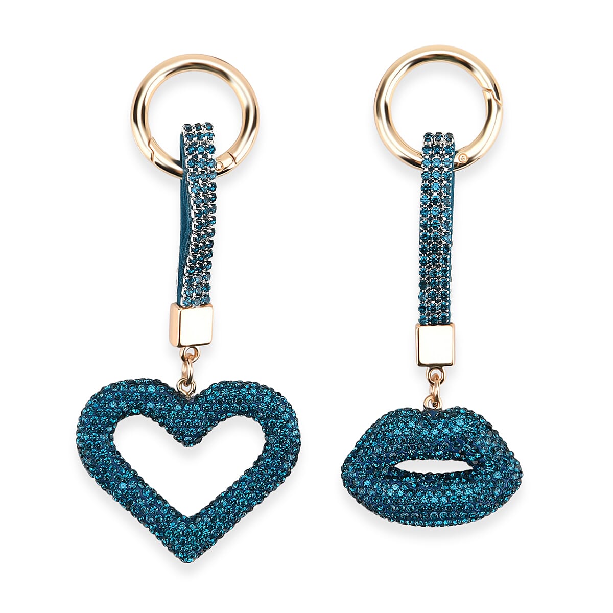 Designer Inspired - Set of 2  Sparkling Heart &amp; Lip Shaped Keychains- Charms in Yellow Gold Tone - Blue 8227617 0