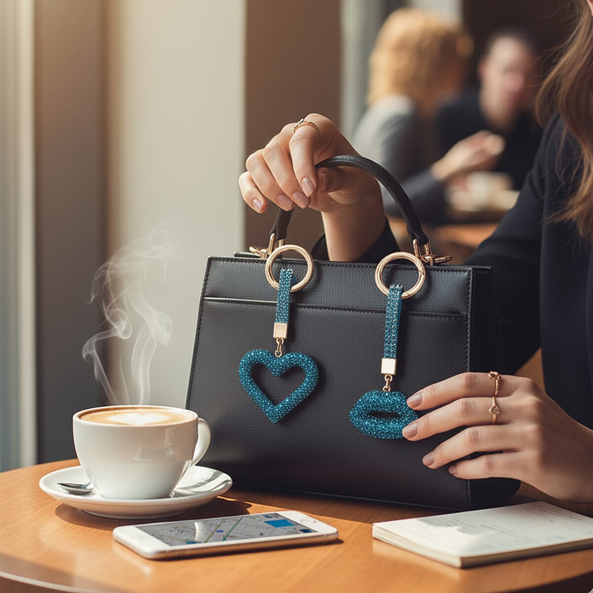 Designer Inspired - Set of 2  Sparkling Heart &amp; Lip Shaped Keychains- Charms in Yellow Gold Tone - Blue 8227617 2