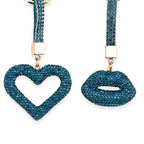 Designer Inspired - Set of 2  Sparkling Heart & Lip Shaped Keychains- Charms in Yellow Gold Tone - Blue