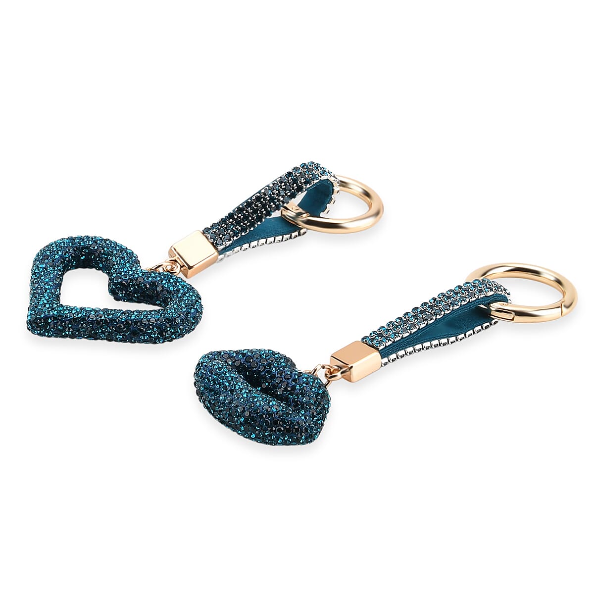 Designer Inspired - Set of 2  Sparkling Heart &amp; Lip Shaped Keychains- Charms in Yellow Gold Tone - Blue 8227617 4