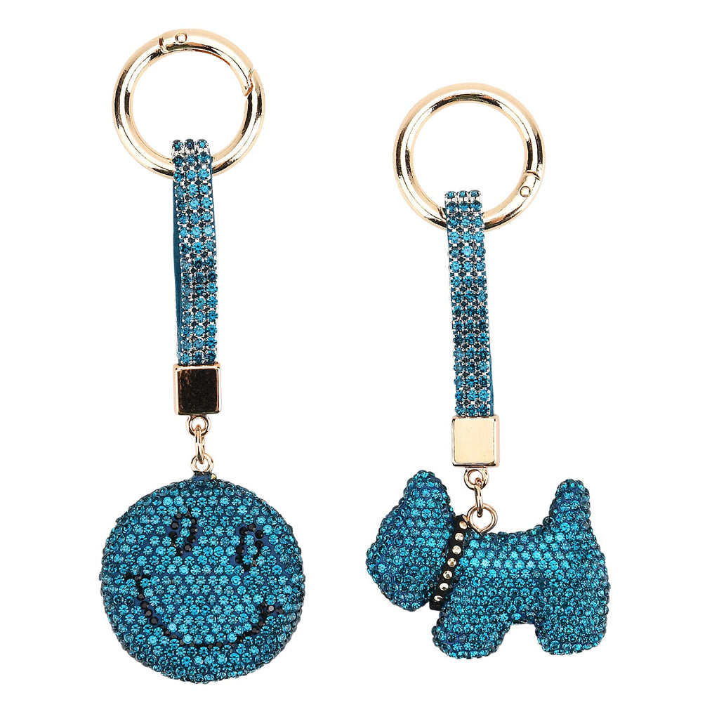 Designer Inspired - Set of 2 Sparkling Dog & Smiling Face Keychain-Bag Charm - Blue