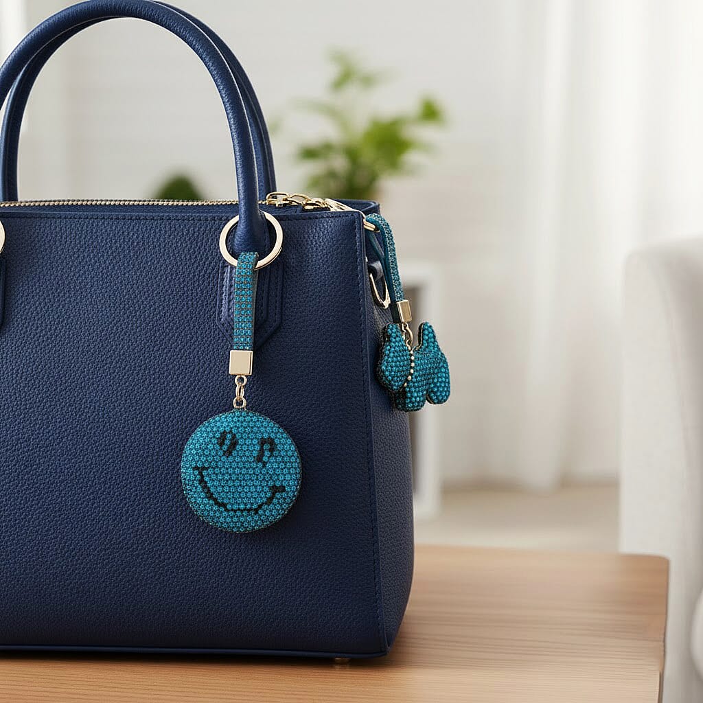 Designer Inspired - Set of 2 Sparkling Dog and Smiling Face Keychain-Bag Charm - Blue V32536868 2