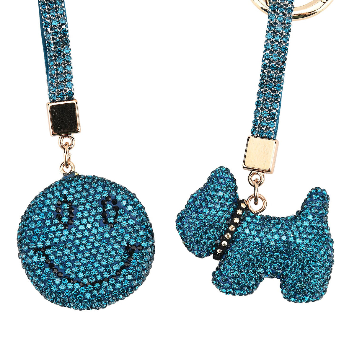 Designer Inspired - Set of 2 Sparkling Dog and Smiling Face Keychain-Bag Charm - Blue V32536868 4