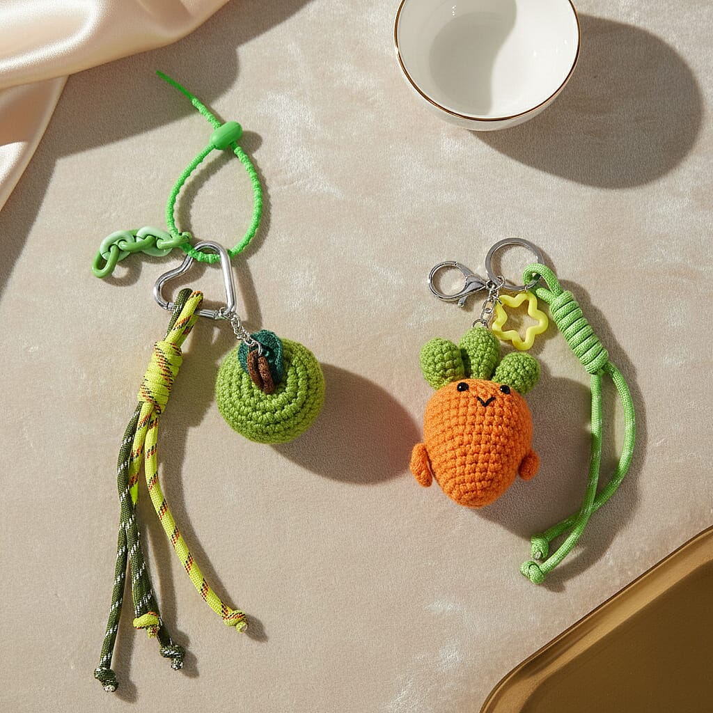 Set of 2 Crochet Fruit Charms Keychain - Green &amp; Orange V32366879 2