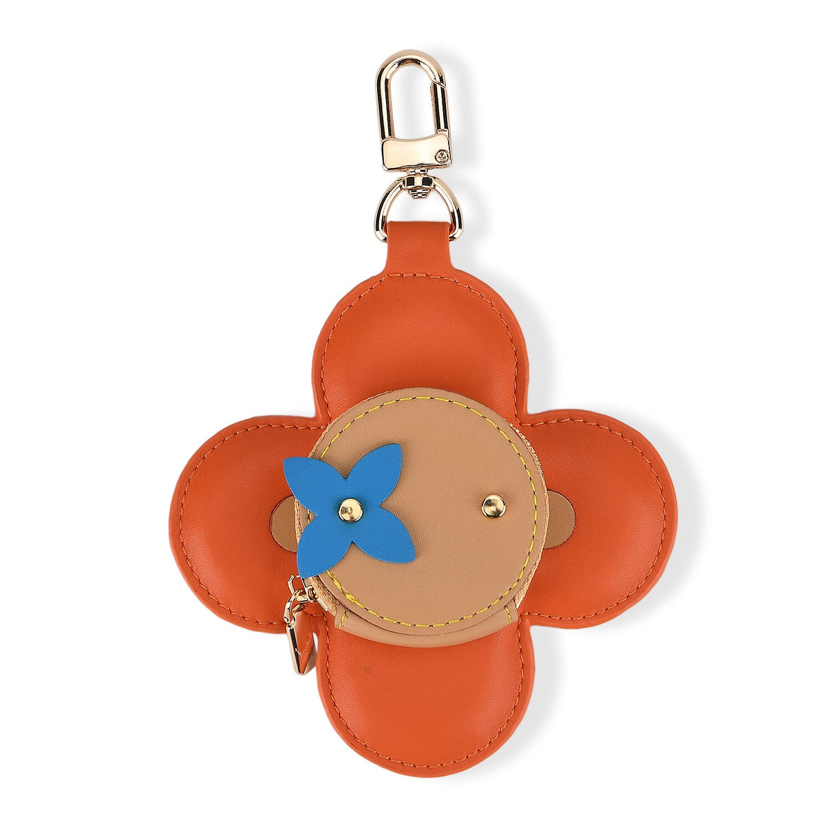 Genuine Leather Flower Keychain Bag Charm - Zipped Mini Coin Purse - Orange &amp; Khaki V32512807 0