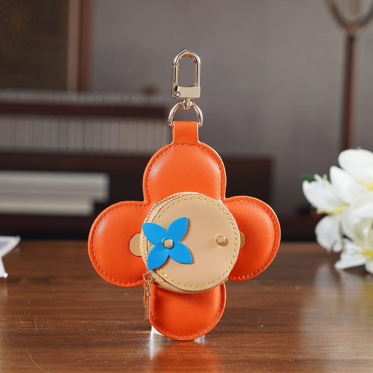 Genuine Leather Flower Keychain Bag Charm - Zipped Mini Coin Purse - Orange &amp; Khaki V32512807 2