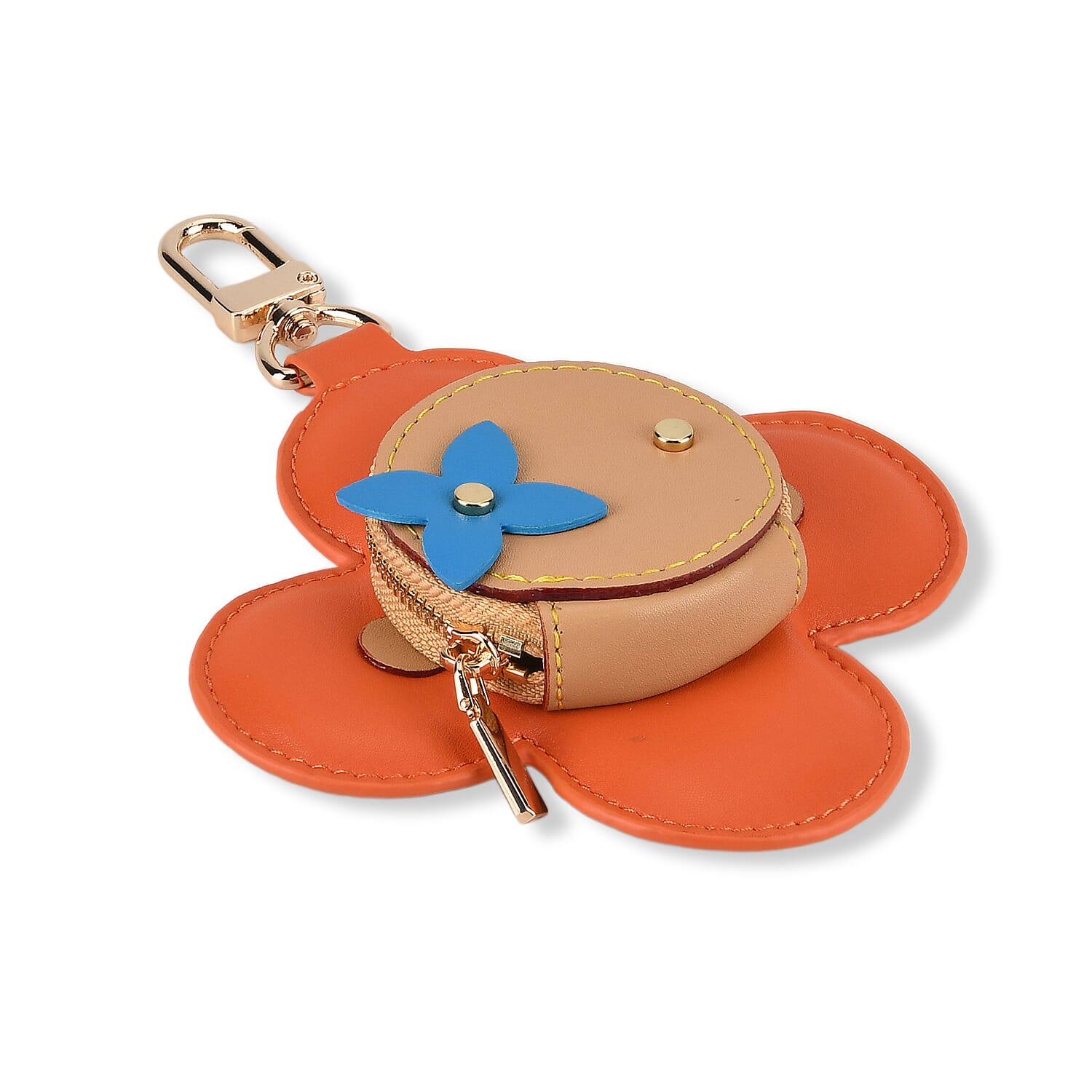 Genuine Leather Flower Keychain Bag Charm - Zipped Mini Coin Purse - Orange &amp; Khaki V32512807 3