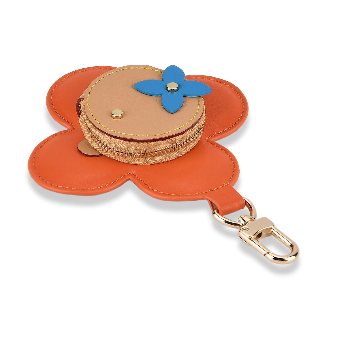 Genuine Leather Flower Keychain Bag Charm - Zipped Mini Coin Purse - Orange &amp; Khaki V32512807 4